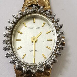 Vtg Waltham Ladies 15mm Watch Gold Nugget Style Band w Diamonds- RUNS